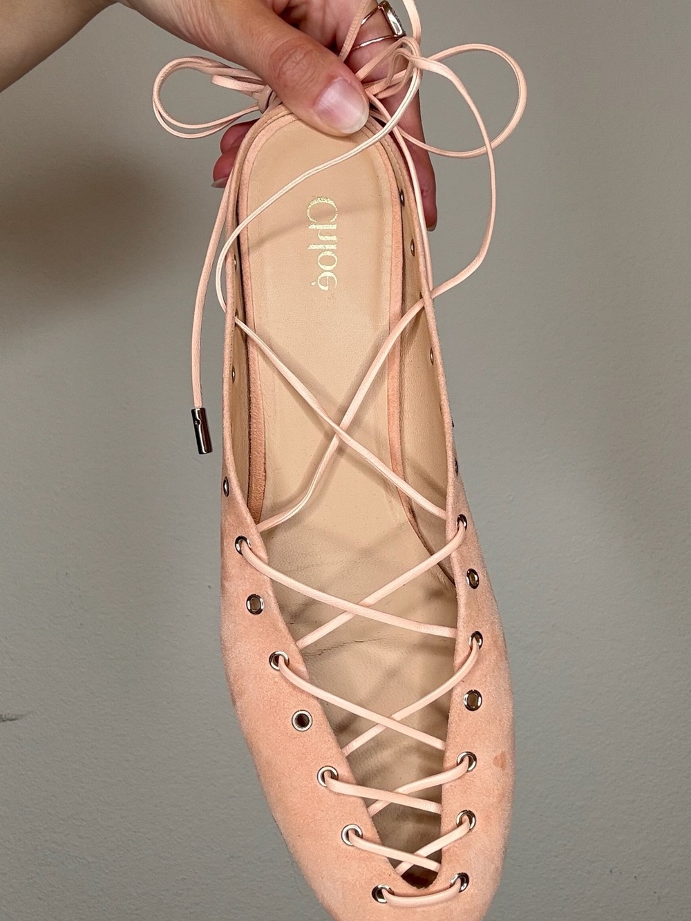 Chloe Pale Pink Lace-Up Suede Ballet Flats - Picture 3 of 4